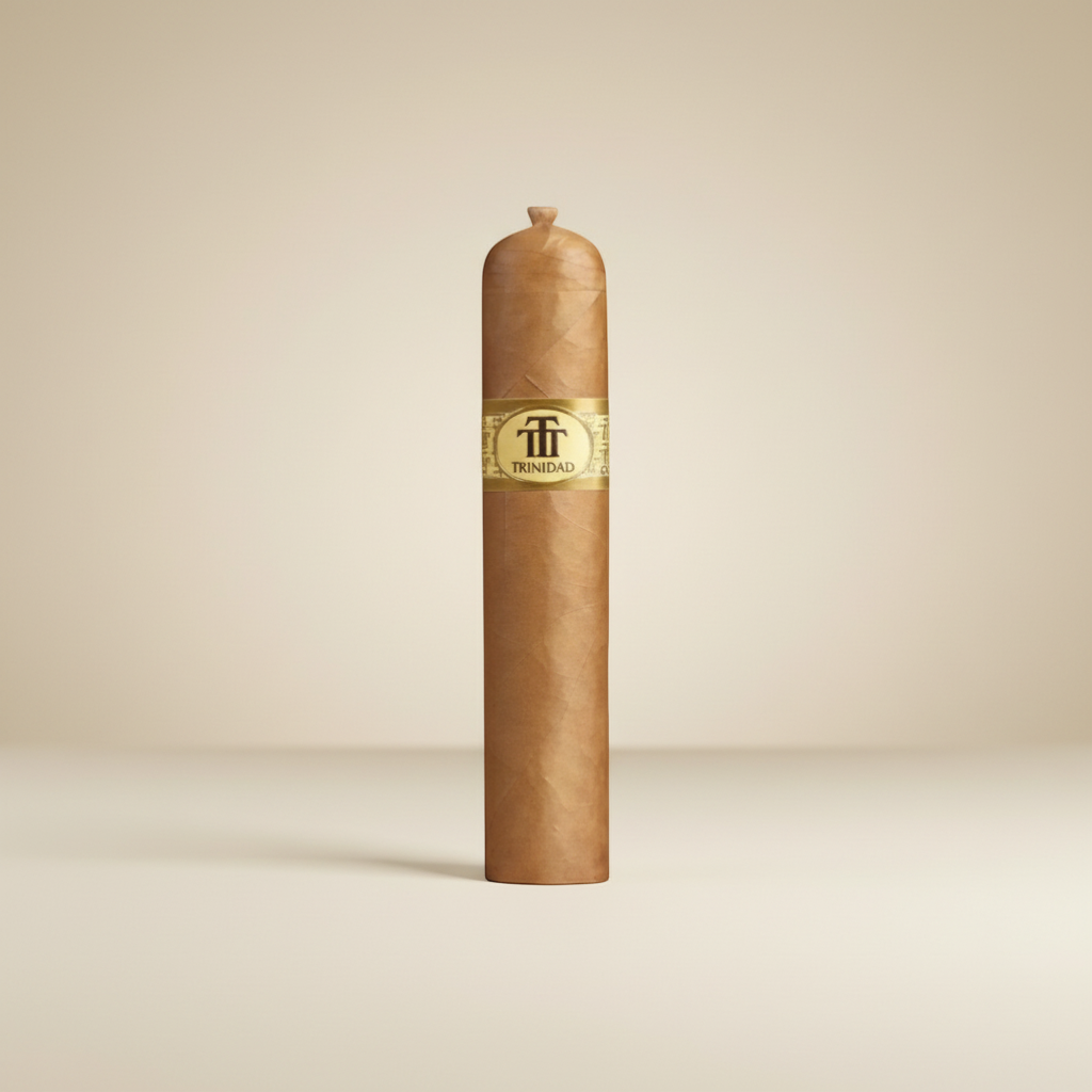 Arcadia Cigars Trinidad Vigía Petit Corona cigar with a medium brown wrapper and gold band.