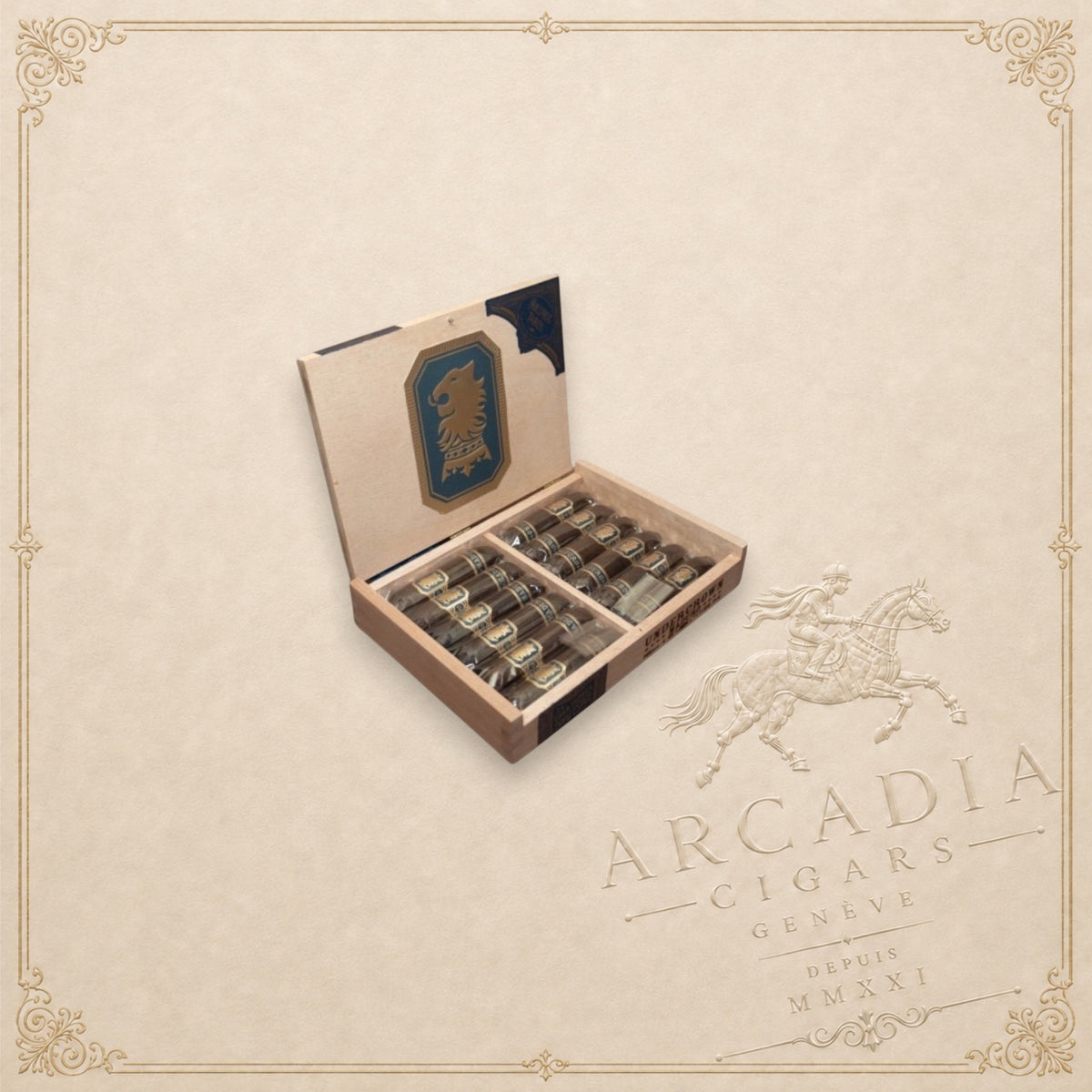 Arcadia Cigars box of Drew Estate Undercrown Maduro Flying Pig cigars with dark oily wrappers in a wooden display