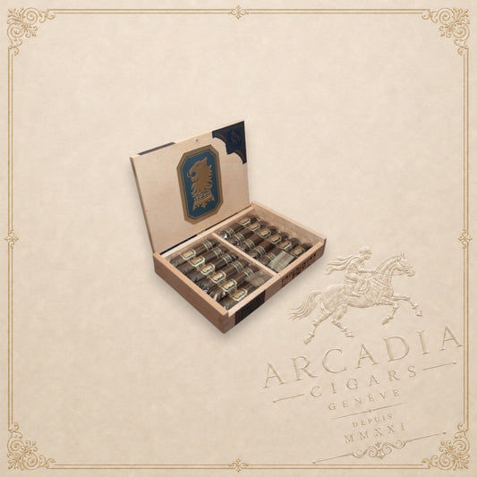 Arcadia Cigars box of Drew Estate Undercrown Maduro Flying Pig cigars with dark oily wrappers in a wooden display