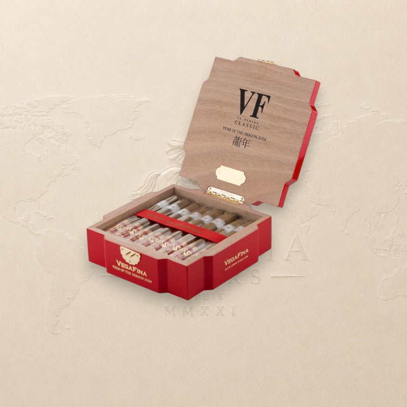 Arcadia Cigars Vegafina Magnum Year of the Dragon 2024 limited edition cigars in a red and wood collector box.