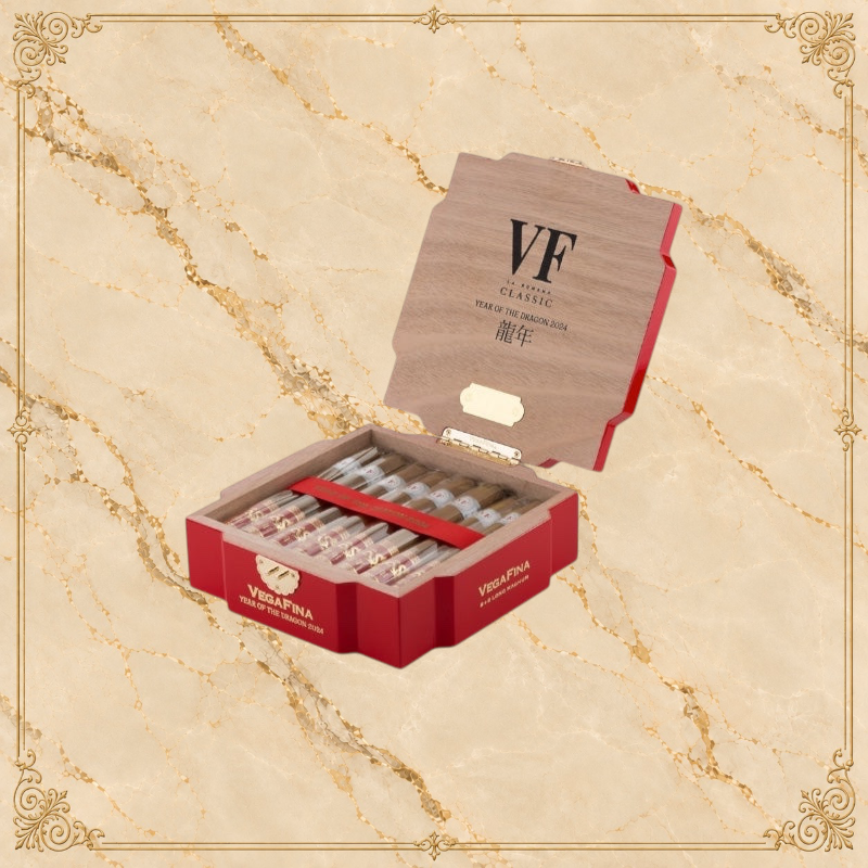 Arcadia Cigars Vegafina Magnum Year of the Dragon 2024 limited edition cigars in a red and wood collector box.