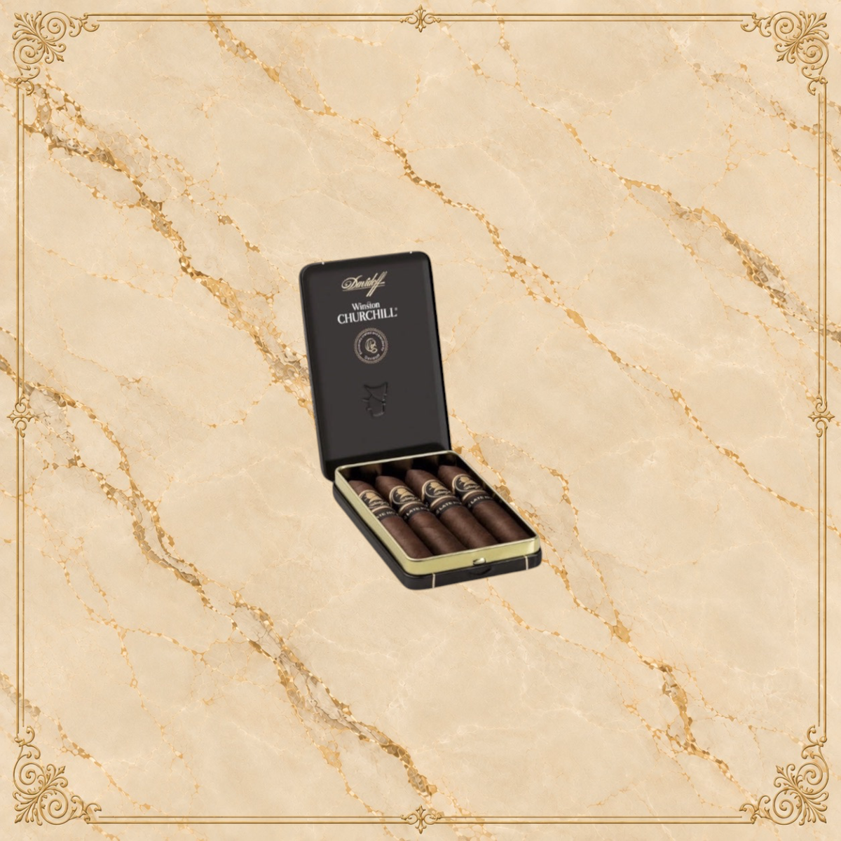 Arcadia Cigars Winston Churchill Late Hour Belicoso cigars in a black metal tin with gold branding