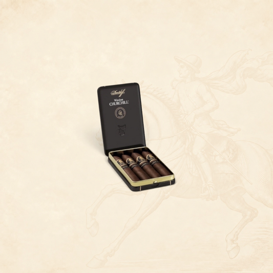 Arcadia Cigars Winston Churchill Late Hour Belicoso cigars in a black metal tin with gold branding