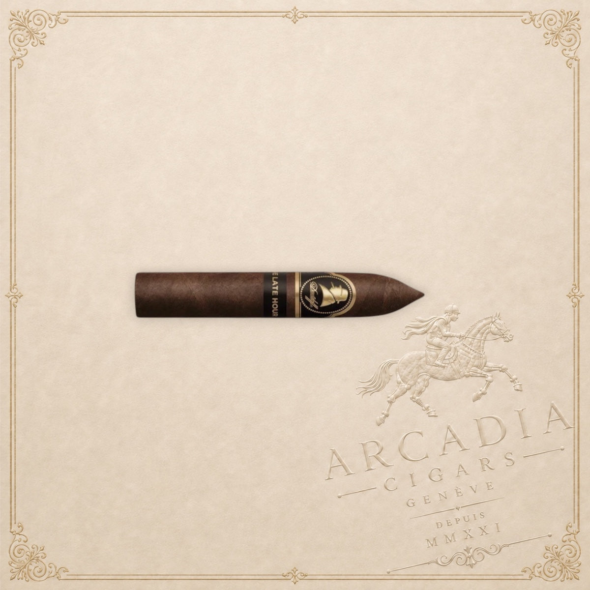 Arcadia Cigars Winston Churchill Late Hour Belicoso cigar with a dark Ecuadorian wrapper on a textured background.