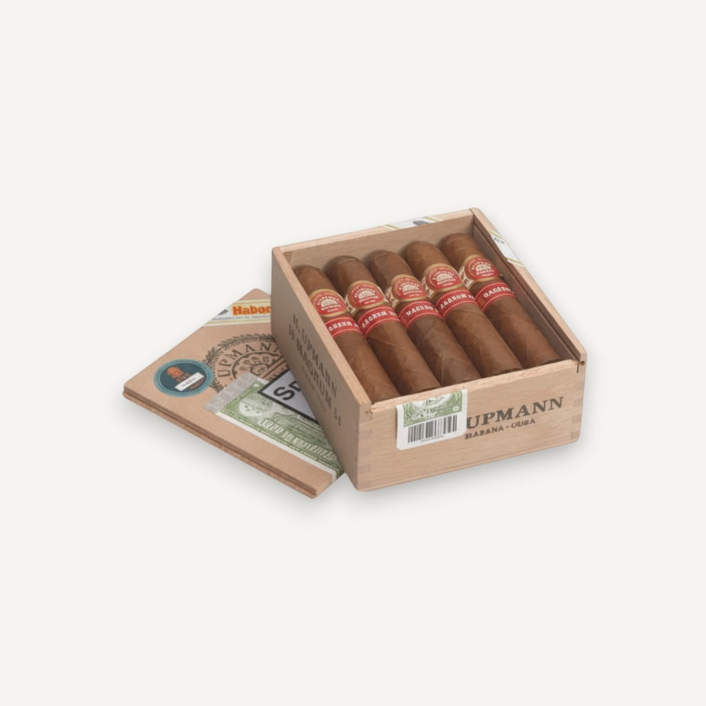 Arcadia Cigars H. Upmann Magnum 54 box of 5 cigars. Medium-bodied Cuban cigars with cedar and almond notes.