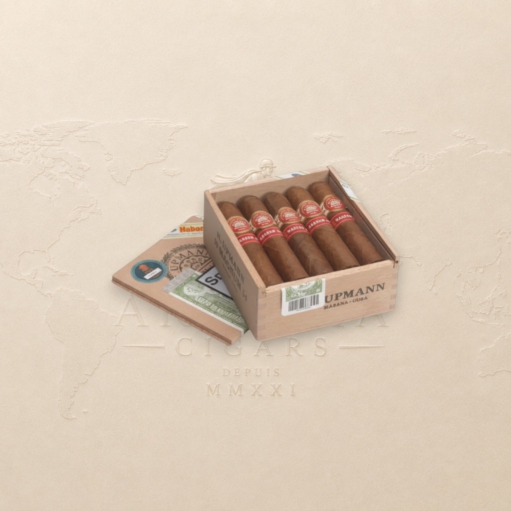 Arcadia Cigars H. Upmann Magnum 54 box of 5 cigars. Medium-bodied Cuban cigars with cedar and almond notes.