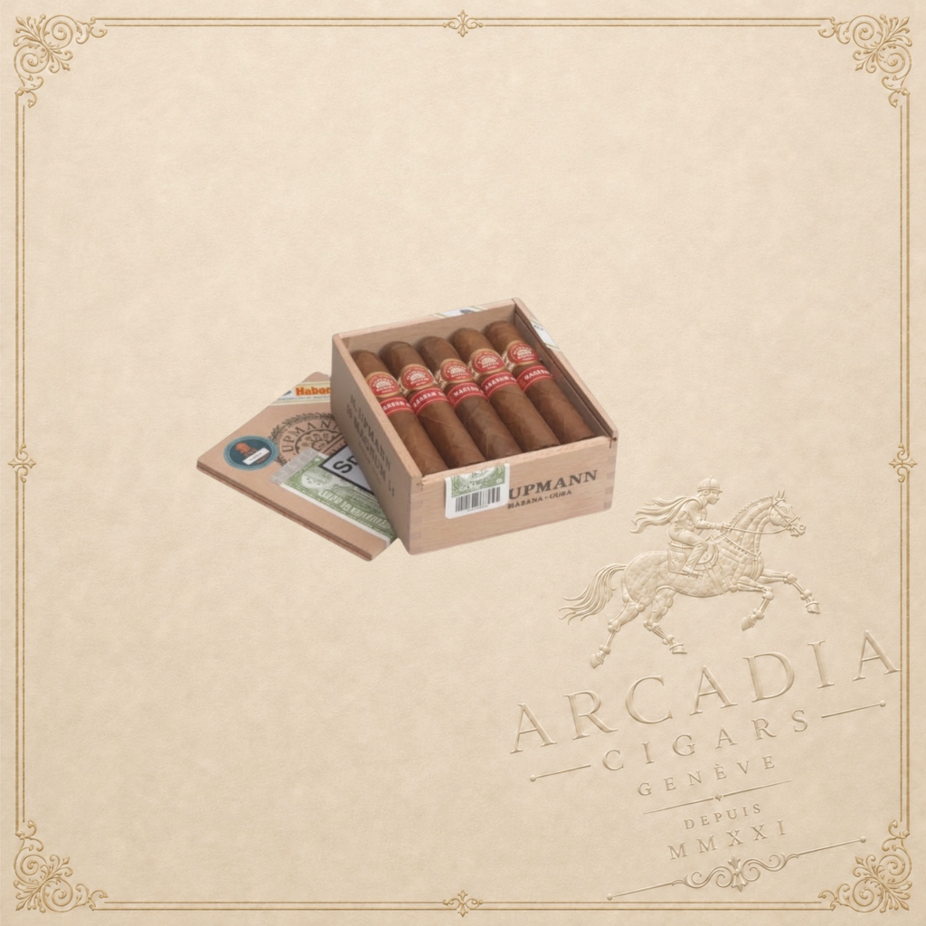 Arcadia Cigars H. Upmann Magnum 54 box of 5 cigars. Medium-bodied Cuban cigars with cedar and almond notes.