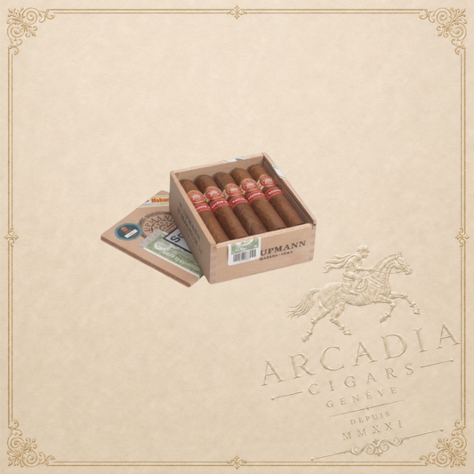 Arcadia Cigars H. Upmann Magnum 54 box of 5 cigars. Medium-bodied Cuban cigars with cedar and almond notes.