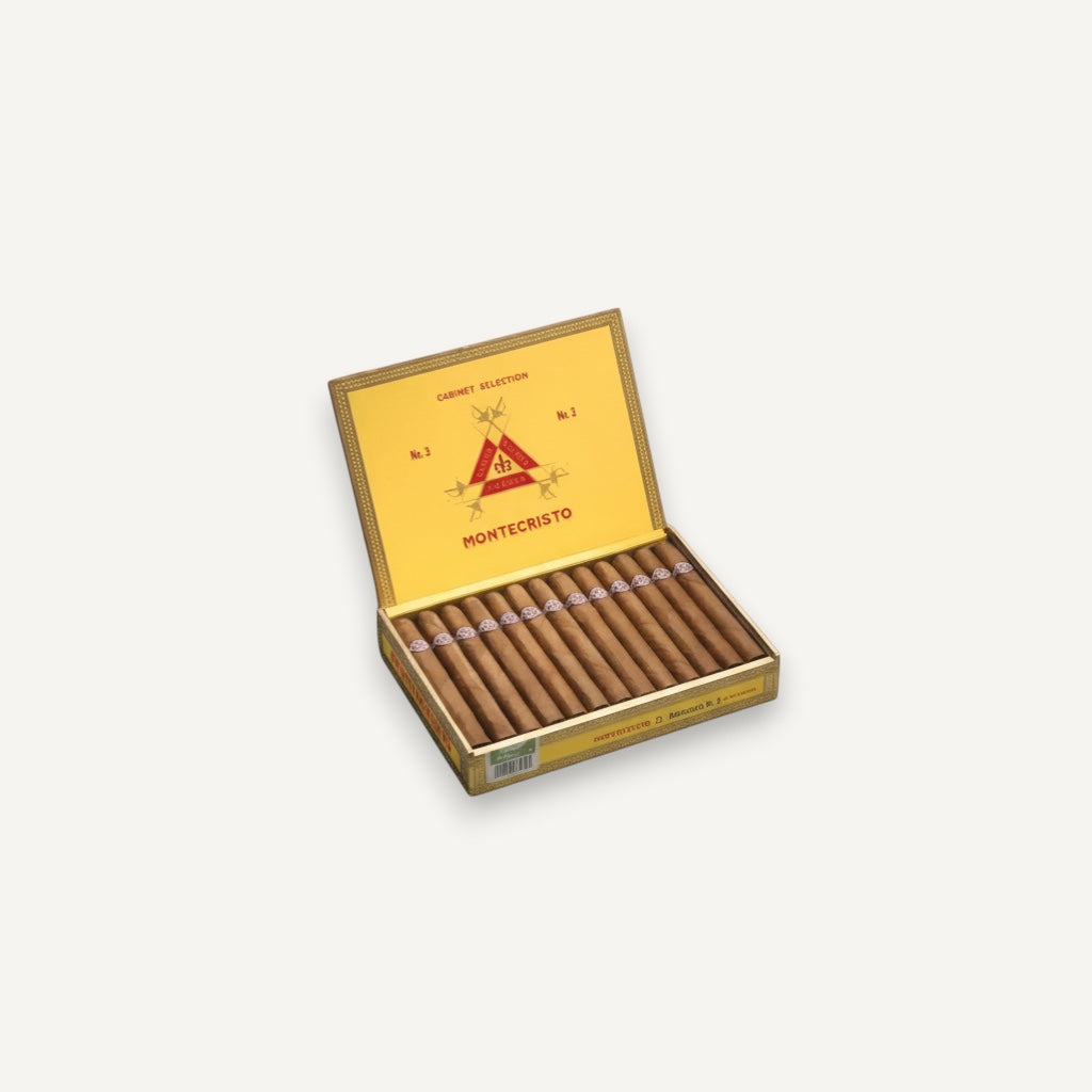 Arcadia Cigars Montecristo No. 3 box of 25 corona cigars, medium-bodied with cedar and leather notes.
