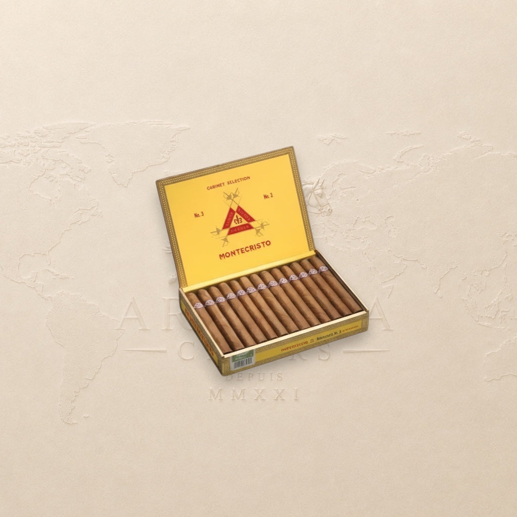 Arcadia Cigars Montecristo No. 3 box of 25 corona cigars, medium-bodied with cedar and leather notes.