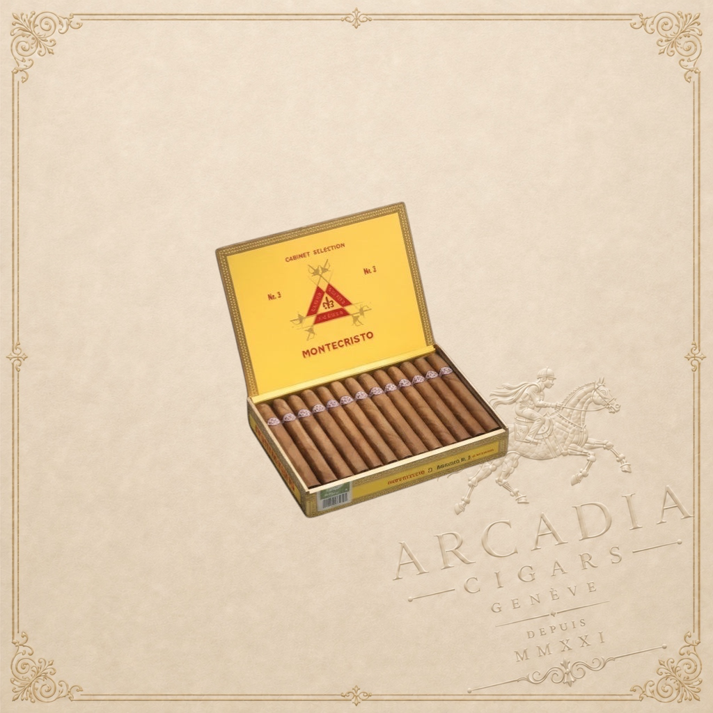 Arcadia Cigars Montecristo No. 3 box of 25 corona cigars, medium-bodied with cedar and leather notes.