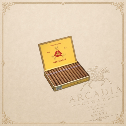 Arcadia Cigars Montecristo No. 3 box of 25 corona cigars, medium-bodied with cedar and leather notes.