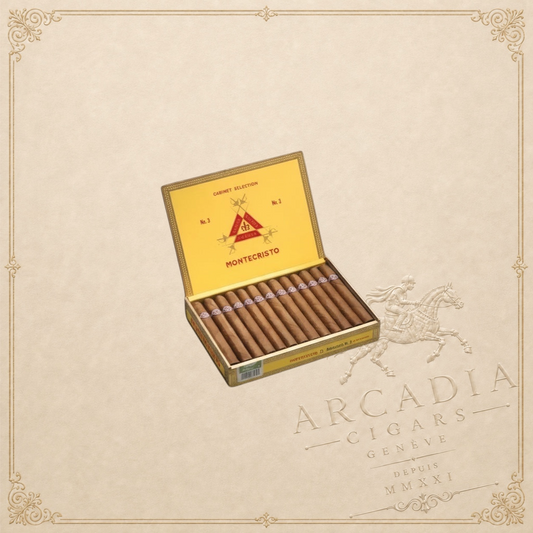 Arcadia Cigars Montecristo No. 3 box of 25 corona cigars, medium-bodied with cedar and leather notes.