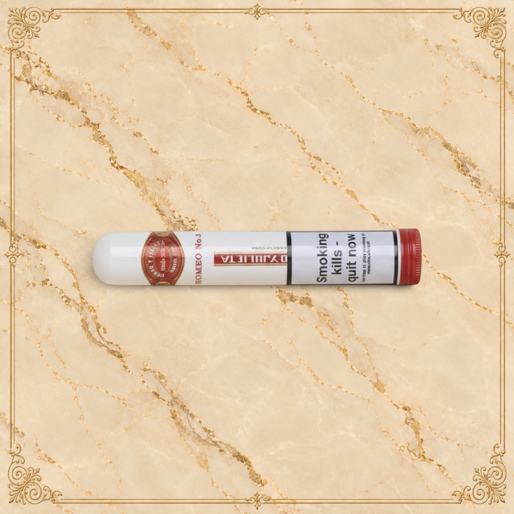 Arcadia Cigars Romeo y Julieta No. 3 Tubos cigar, mild Cuban smoke with wood and nut notes, ideal for short smoking occasions.