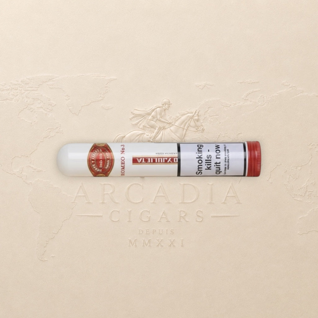 Arcadia Cigars Romeo y Julieta No. 3 Tubos cigar, mild Cuban smoke with wood and nut notes, ideal for short smoking occasions.