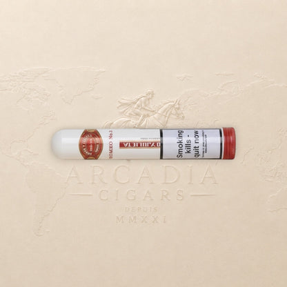 Arcadia Cigars Romeo y Julieta No. 3 Tubos cigar, mild Cuban smoke with wood and nut notes, ideal for short smoking occasions.