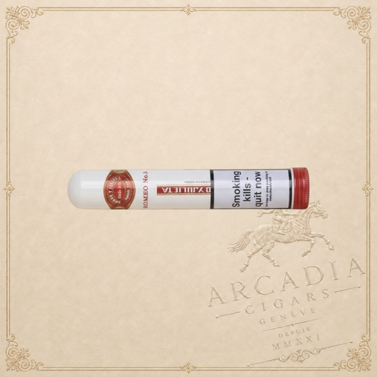 Arcadia Cigars Romeo y Julieta No. 3 Tubos cigar, mild Cuban smoke with wood and nut notes, ideal for short smoking occasions.