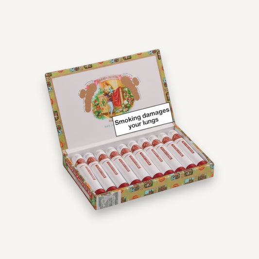 Arcadia Cigars Romeo y Julieta No. 3 Tubos cigars in a decorative box. Mild Cuban smoke with wood, nut, and spice notes.