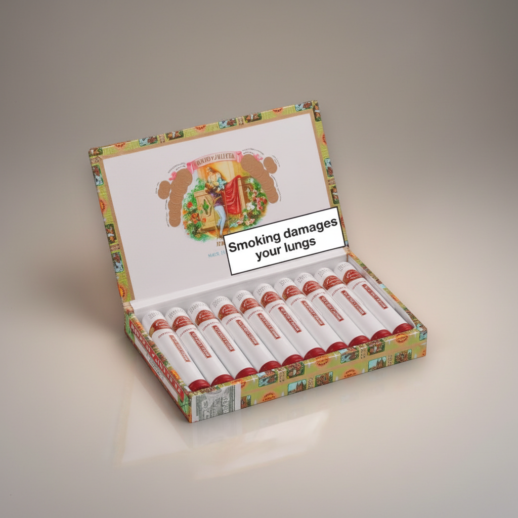 Arcadia Cigars Romeo y Julieta No. 3 Tubos cigars in a decorative box. Mild Cuban smoke with wood, nut, and spice notes.