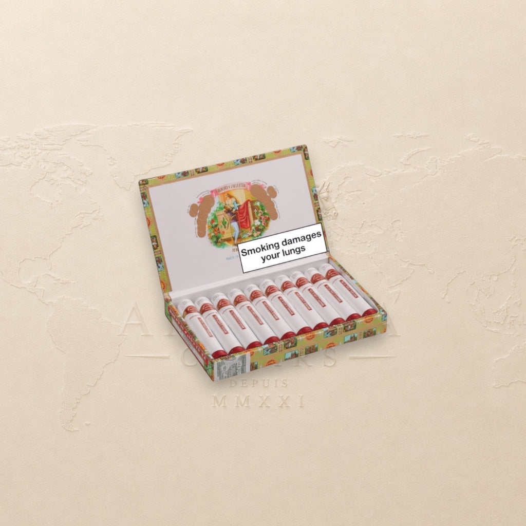 Arcadia Cigars Romeo y Julieta No. 3 Tubos cigars in a decorative box. Mild Cuban smoke with wood, nut, and spice notes.