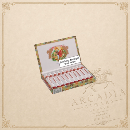 Arcadia Cigars Romeo y Julieta No. 3 Tubos cigars in a decorative box. Mild Cuban smoke with wood, nut, and spice notes.