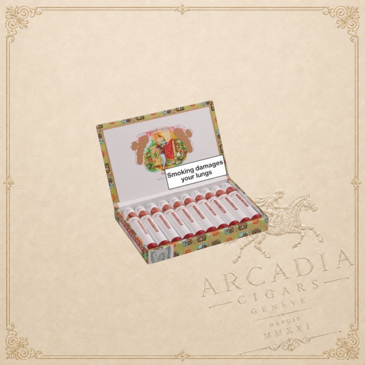 Arcadia Cigars Romeo y Julieta No. 3 Tubos cigars in a decorative box. Mild Cuban smoke with wood, nut, and spice notes.