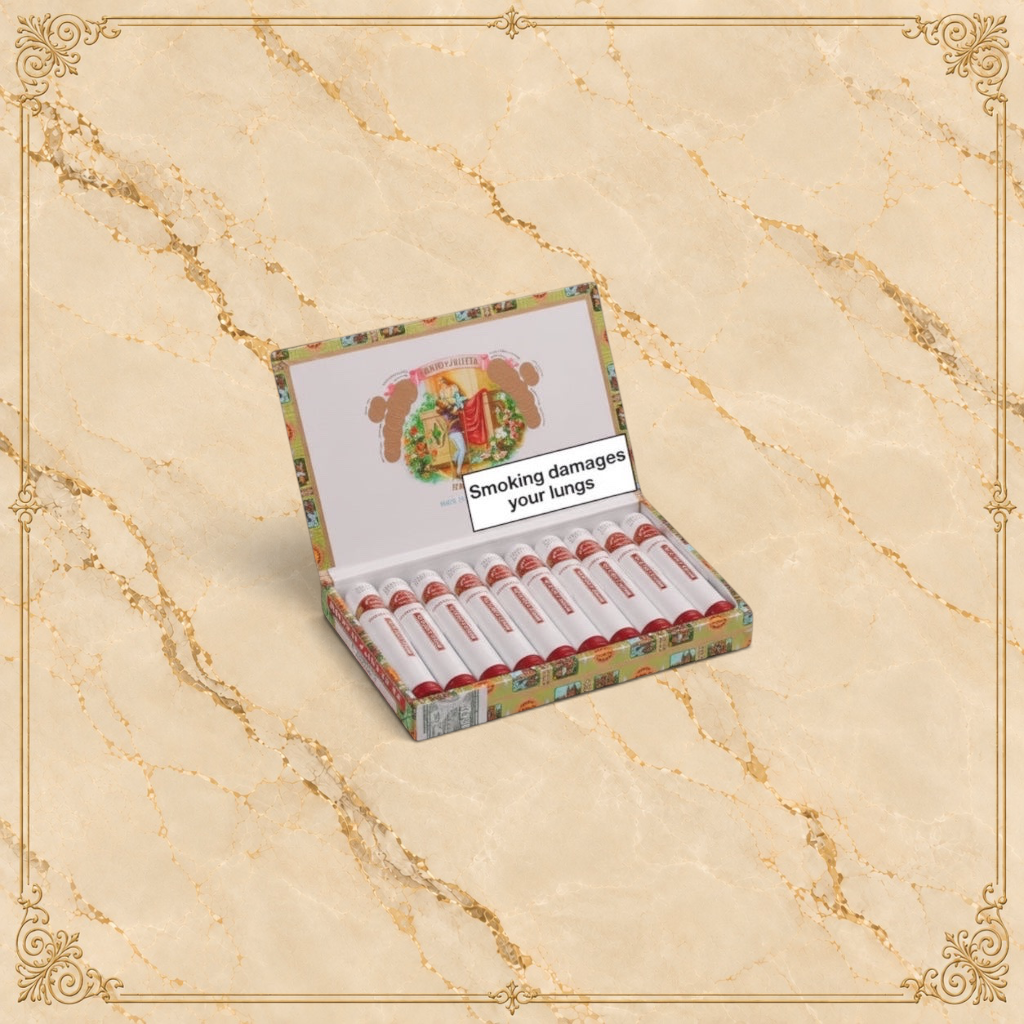 Arcadia Cigars Romeo y Julieta No. 3 Tubos cigars in a decorative box. Mild Cuban smoke with wood, nut, and spice notes.