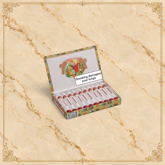Arcadia Cigars Romeo y Julieta No. 3 Tubos cigars in a decorative box. Mild Cuban smoke with wood, nut, and spice notes.