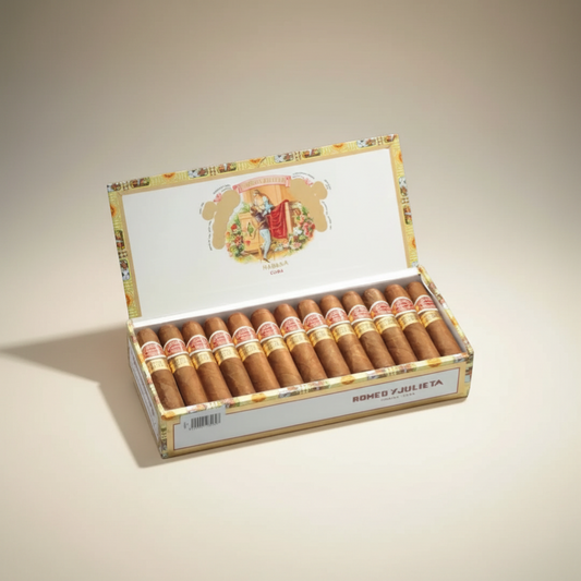 Arcadia Cigars Romeo y Julieta Petit Churchills box of 25 Cuban cigars. Medium strength Petit Robusto format.