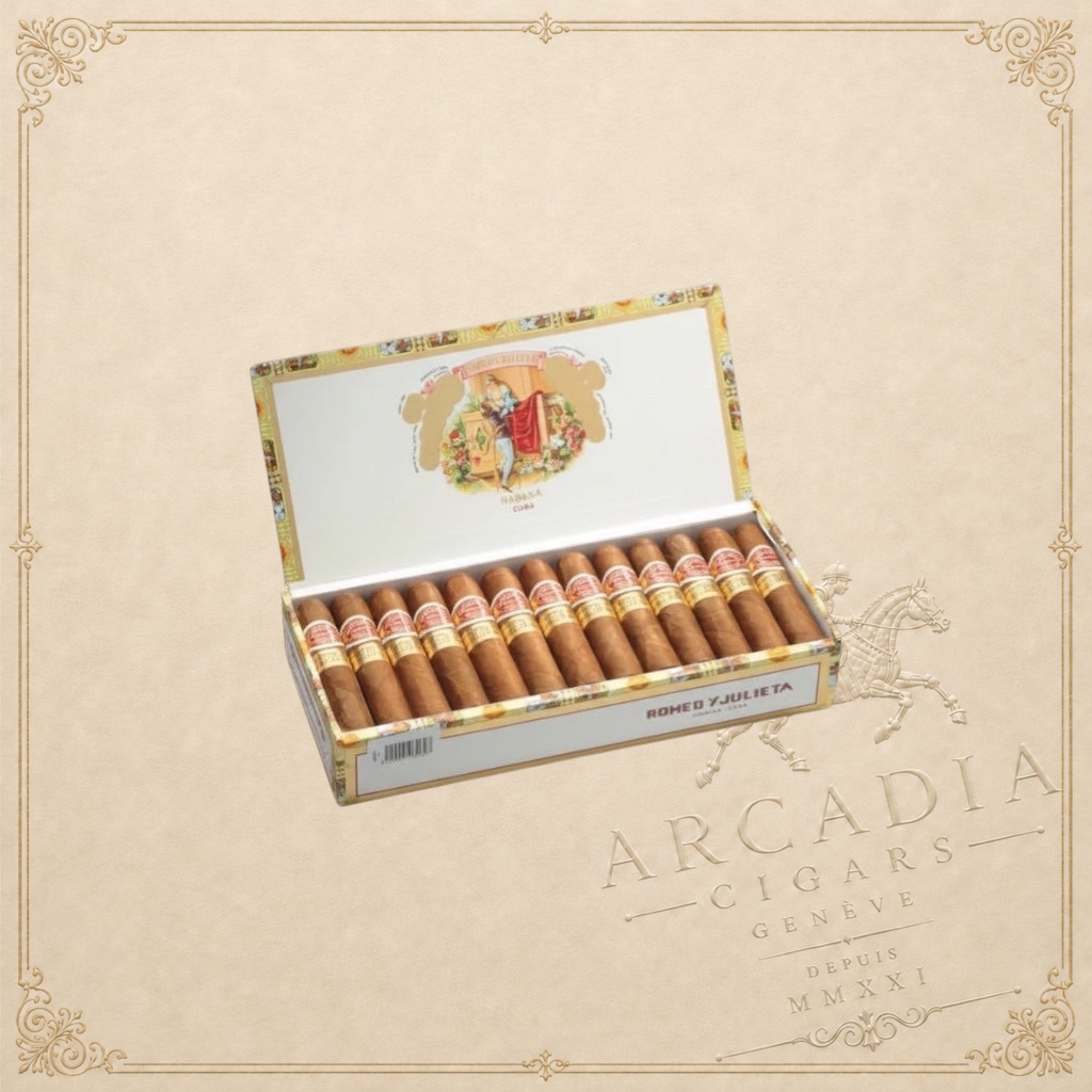 Arcadia Cigars Romeo y Julieta Petit Churchills box of 25 Cuban cigars. Medium strength Petit Robusto format.