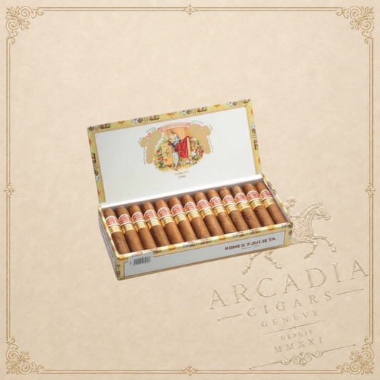 Arcadia Cigars Romeo y Julieta Petit Churchills box of 25 Cuban cigars. Medium strength Petit Robusto format.