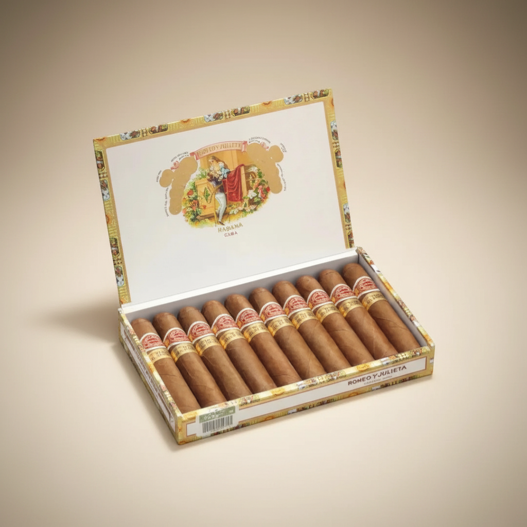Arcadia Cigars Romeo y Julieta Wide Churchill box of 10 Cuban cigars, medium-bodied with cedar and cream notes.