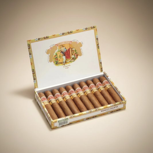 Arcadia Cigars Romeo y Julieta Wide Churchill box of 10 Cuban cigars, medium-bodied with cedar and cream notes.