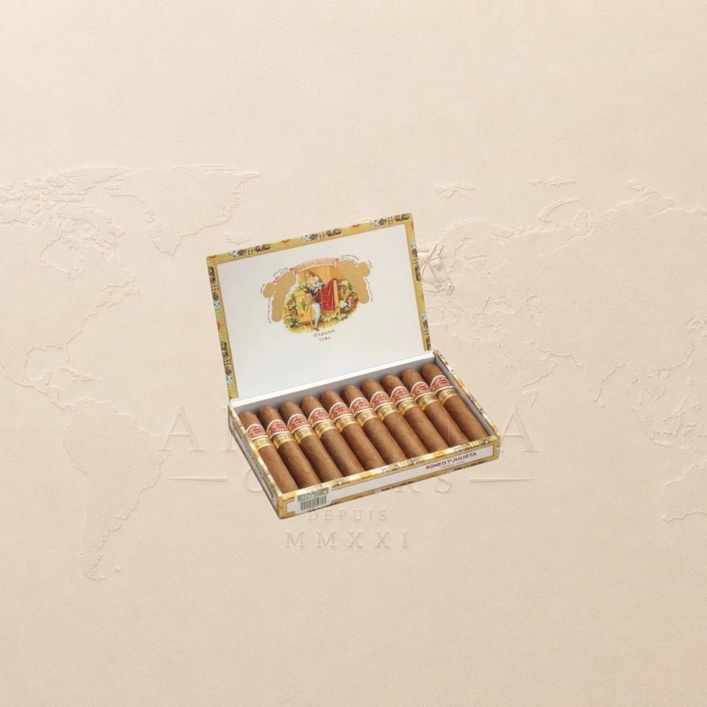 Arcadia Cigars Romeo y Julieta Wide Churchill box of 10 Cuban cigars, medium-bodied with cedar and cream notes.