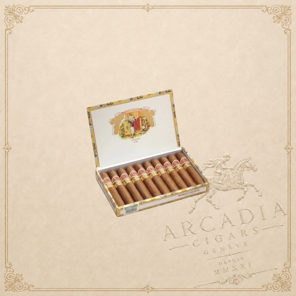 Arcadia Cigars Romeo y Julieta Wide Churchill box of 10 Cuban cigars, medium-bodied with cedar and cream notes.
