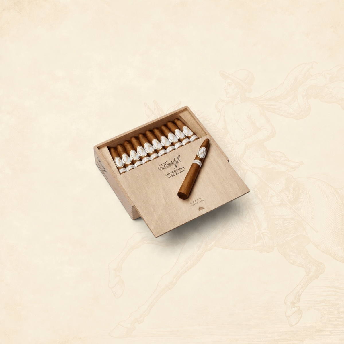 Arcadia Cigars Davidoff Aniversario Special T torpedo cigars in a wooden box on a cream background